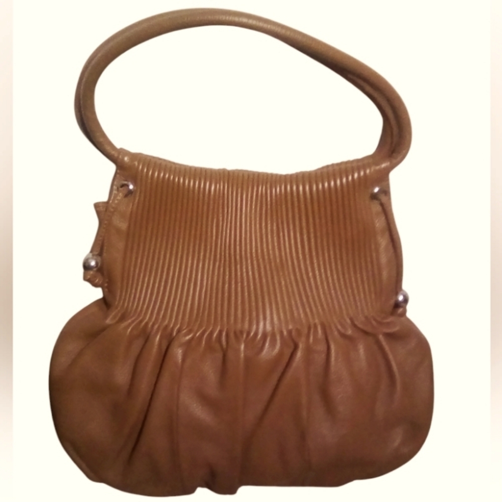 Bodhi Cognac Brown Leather Shoulder Bag Pleated Hobo Soft Slouch Purse - Picture 2 of 9